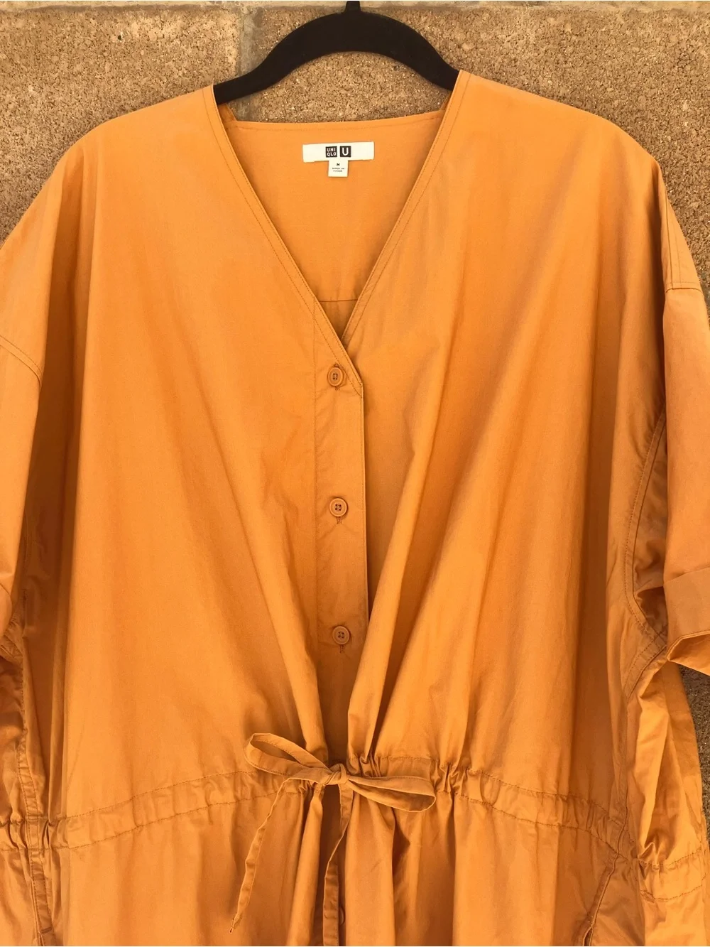 Uniqlo U V-Neck Button-Front Dress in Mustard Orange